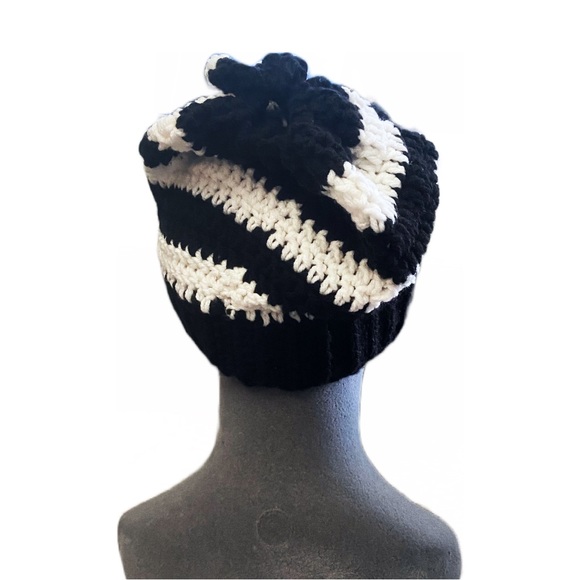 Hat Stripes Black White Beanie Goth Boho Beetlejuice Tim Burton Wednesday Thin - Picture 2 of 5